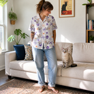Full-length photo with the pet printed all over this Women's Skull Shuffle Custom Cat Face Hawaiian Shirt