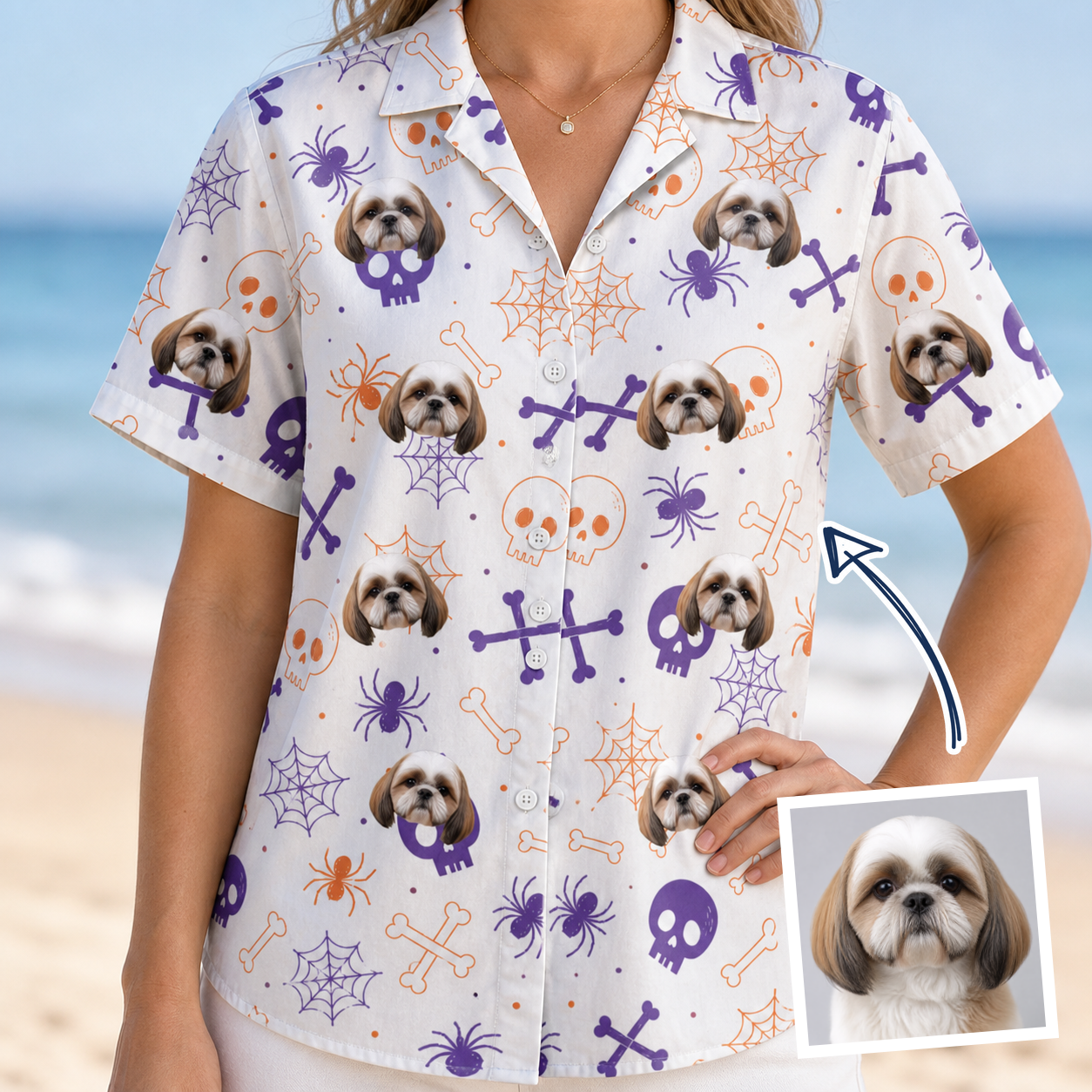Woman wearing Women's Skull Shuffle Custom Dog Face Hawaiian Shirt — custom faces printed all-over