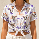 Woman wearing Women's Skull Shuffle Custom Dog Face Hawaiian Shirt tied at the waist