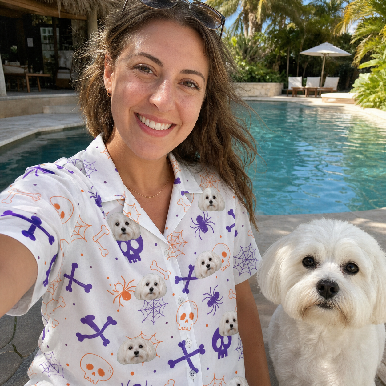 Selfie with the pet whose face is printed all over this Women's Skull Shuffle Custom Dog Face Hawaiian Shirt