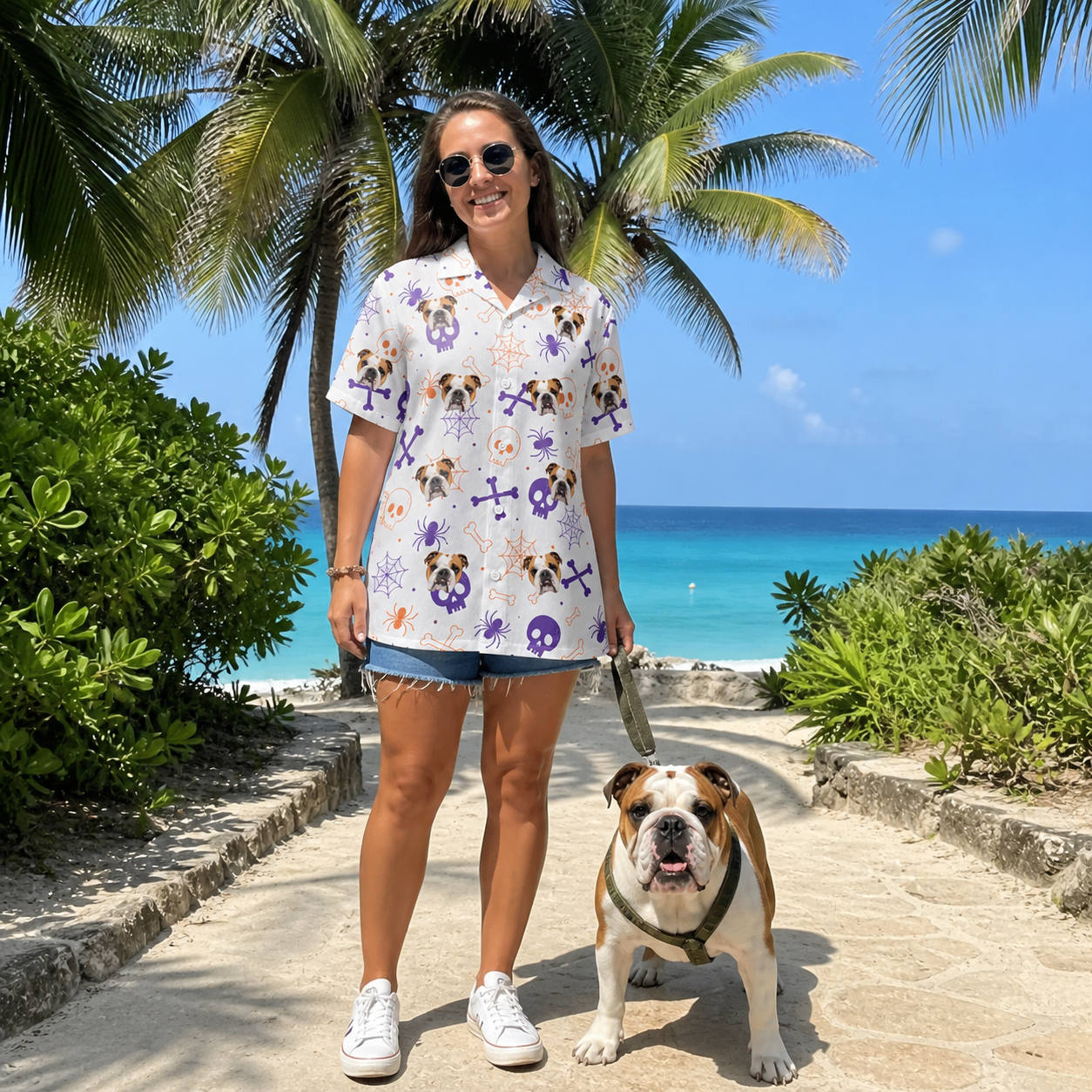 Full-length photo with the pet printed all over this Women's Skull Shuffle Custom Dog Face Hawaiian Shirt