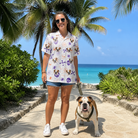 Full-length photo with the pet printed all over this Women's Skull Shuffle Custom Dog Face Hawaiian Shirt