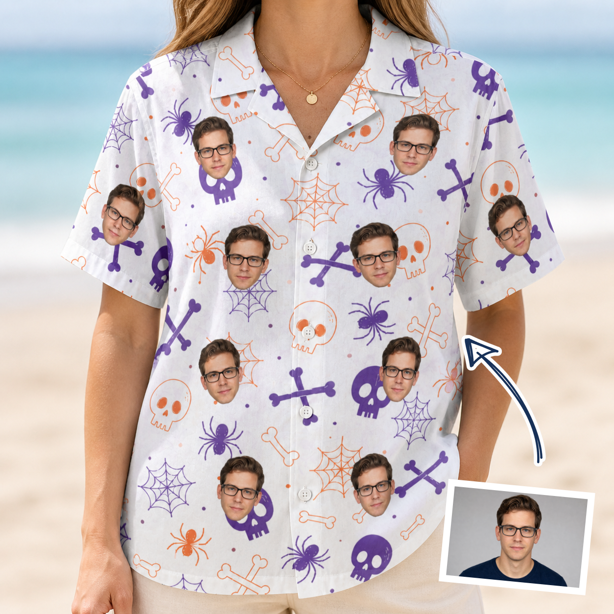 Woman wearing Women's Skull Shuffle Custom Face Hawaiian Shirt — custom faces printed all-over