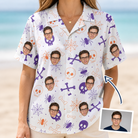 Woman wearing Women's Skull Shuffle Custom Face Hawaiian Shirt — custom faces printed all-over