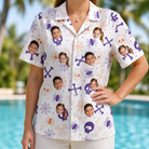Model wearing Women's Skull Shuffle Custom Face Hawaiian Shirt printed with kids' faces