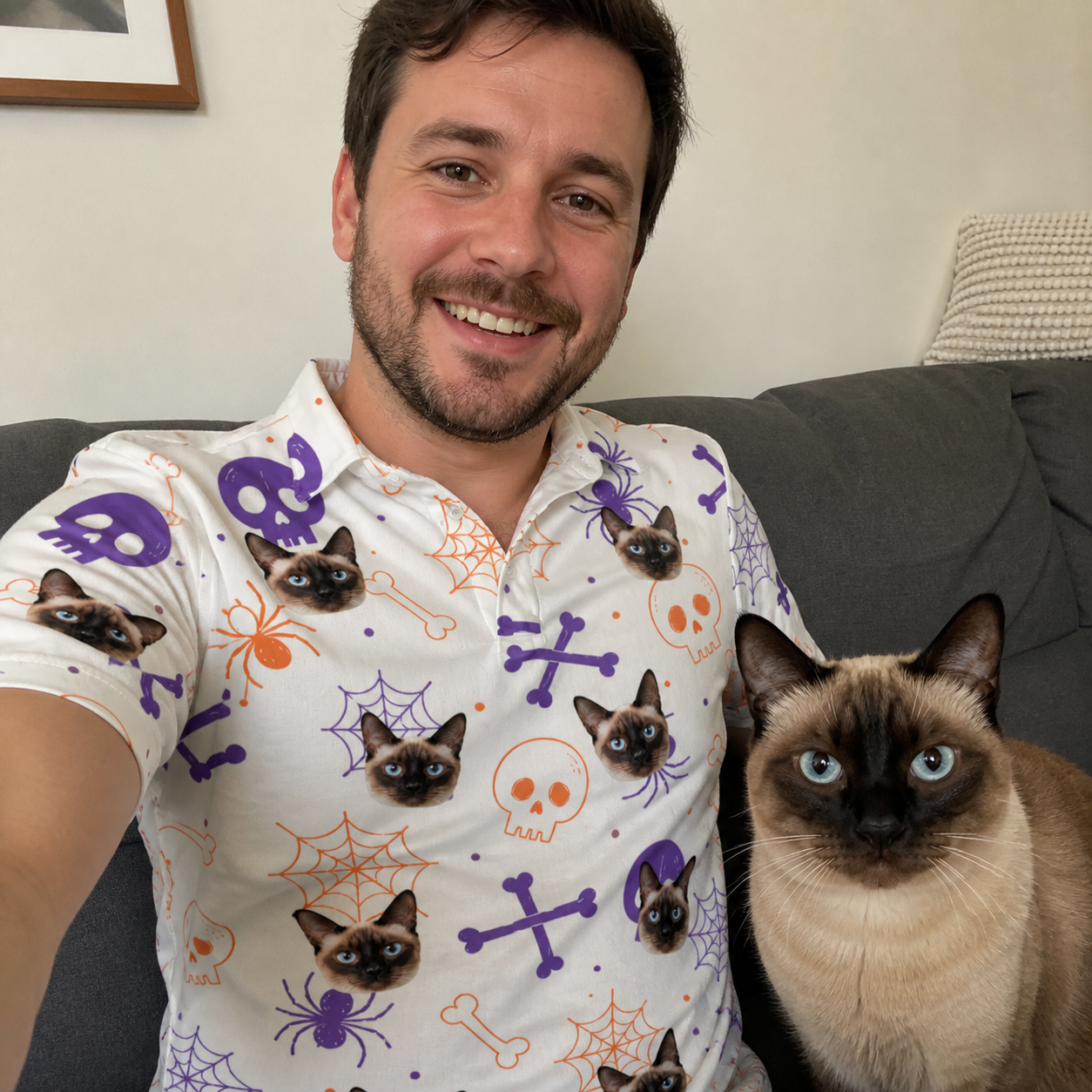 Selfie with the pet whose face is printed all over this Men's Skull Shuffle Custom Cat Face Polo Shirt