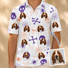 Man wearing Men's Skull Shuffle Custom Dog Face Polo Shirt — custom faces printed all-over