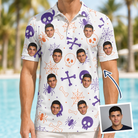 Man wearing Men's Skull Shuffle Custom Face Polo Shirt — custom faces printed all-over