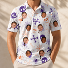 Model wearing Men's Skull Shuffle Custom Face Polo Shirt printed with kids' faces