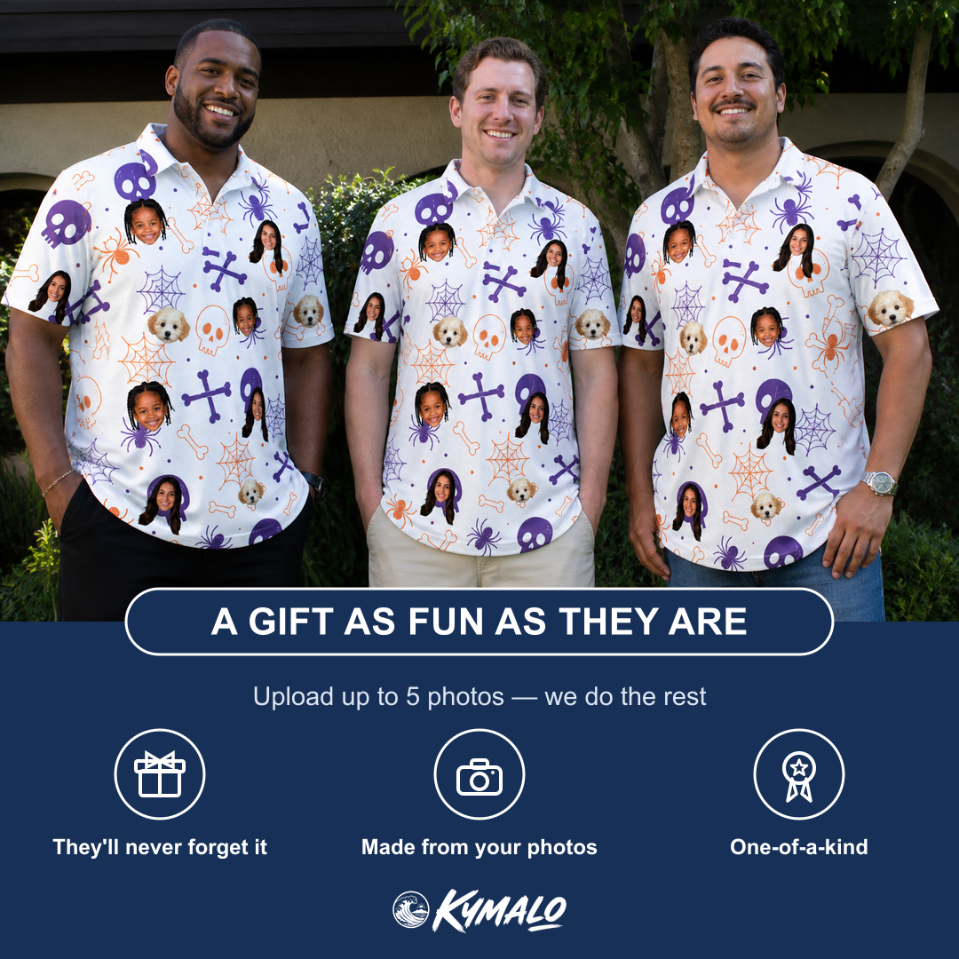 Friends in matching Men's Skull Shuffle Custom Face Polo Shirt — a group gift photo
