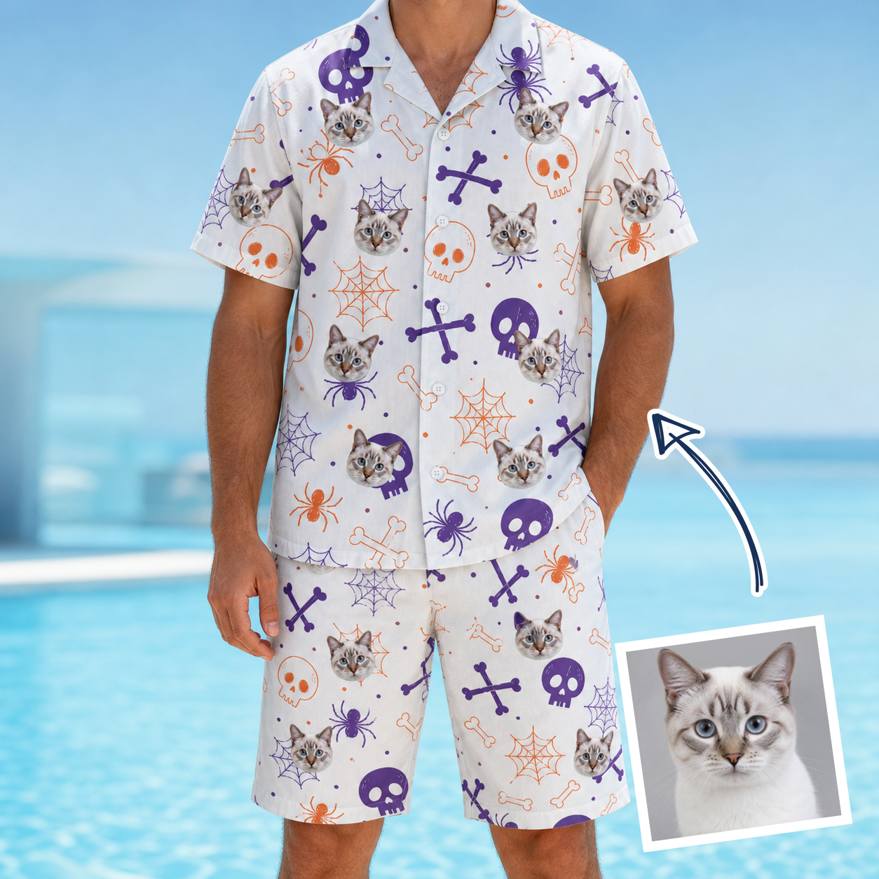 Man wearing Men's Skull Shuffle Custom Cat Face Shirt & Shorts Set — custom faces printed all-over