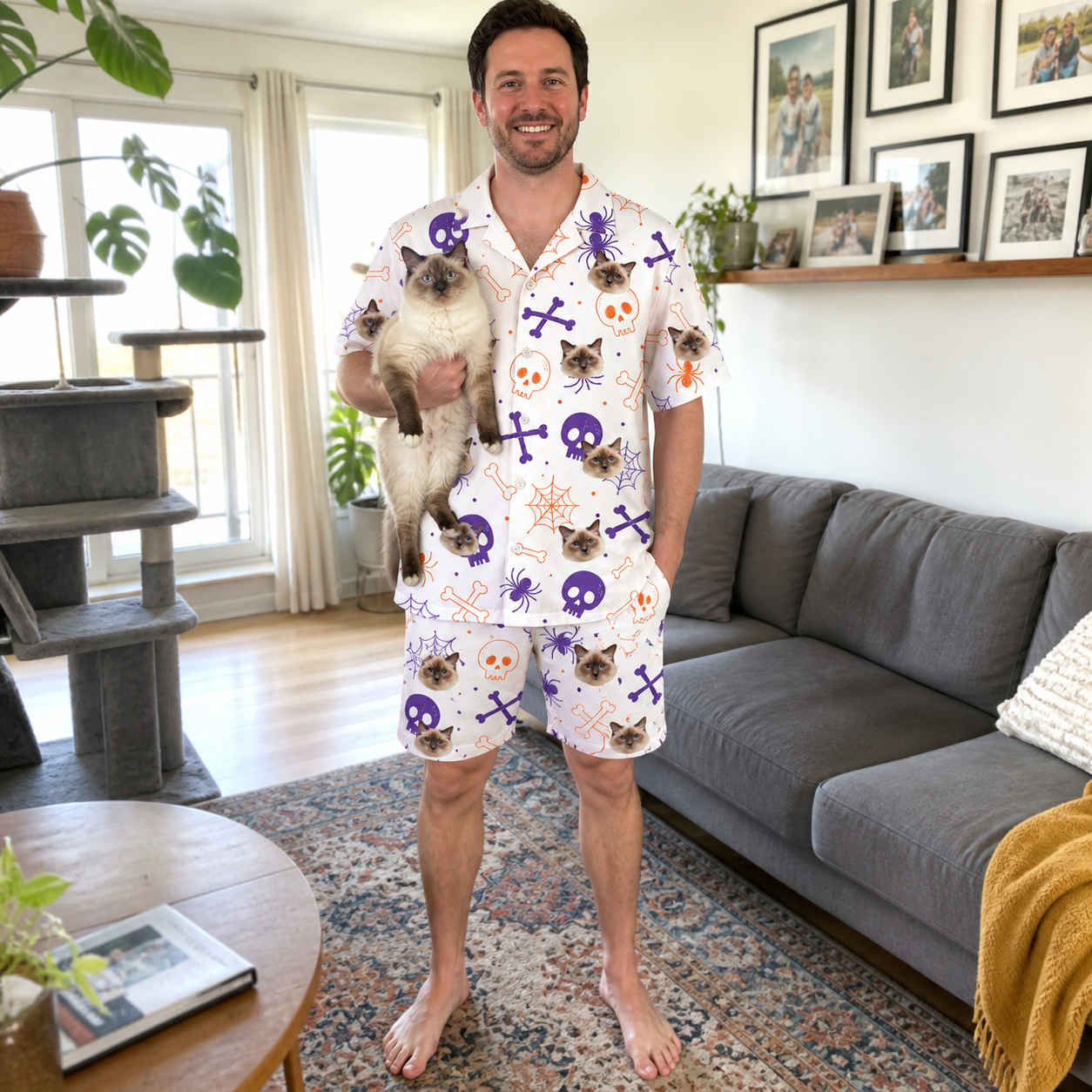 Full-length photo with the pet printed all over this Men's Skull Shuffle Custom Cat Face Shirt & Shorts Set