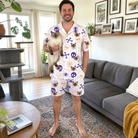 Full-length photo with the pet printed all over this Men's Skull Shuffle Custom Cat Face Shirt & Shorts Set