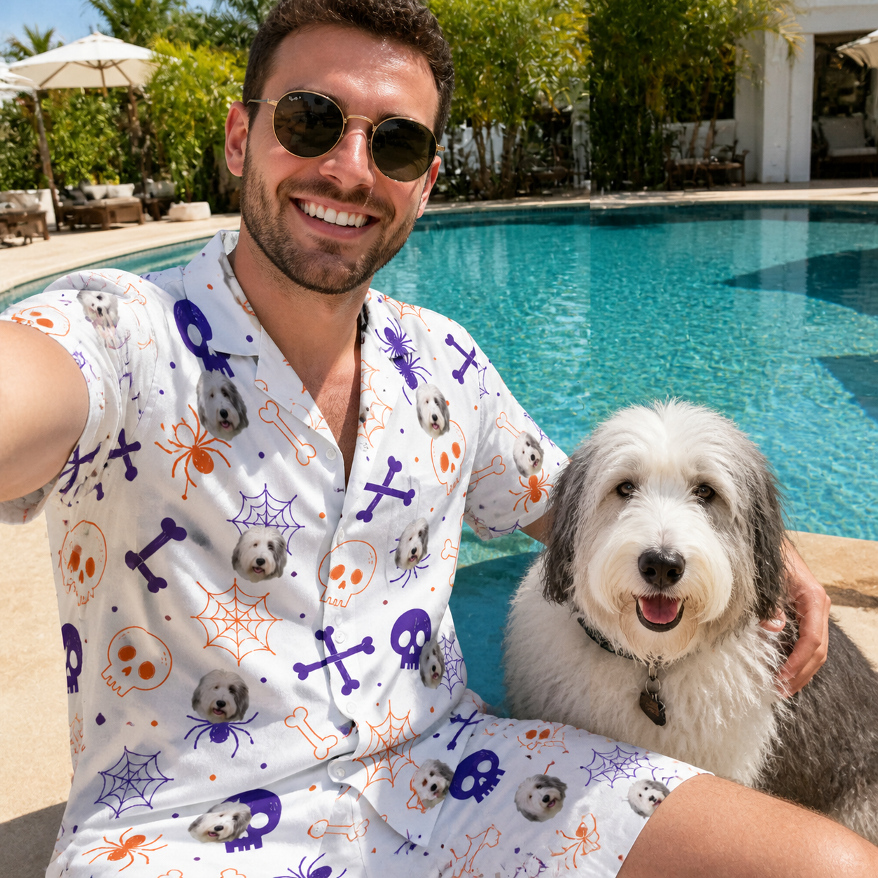 Selfie with the pet whose face is printed all over this Men's Skull Shuffle Custom Dog Face Shirt & Shorts Set