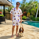 Full-length photo with the pet printed all over this Men's Skull Shuffle Custom Dog Face Shirt & Shorts Set