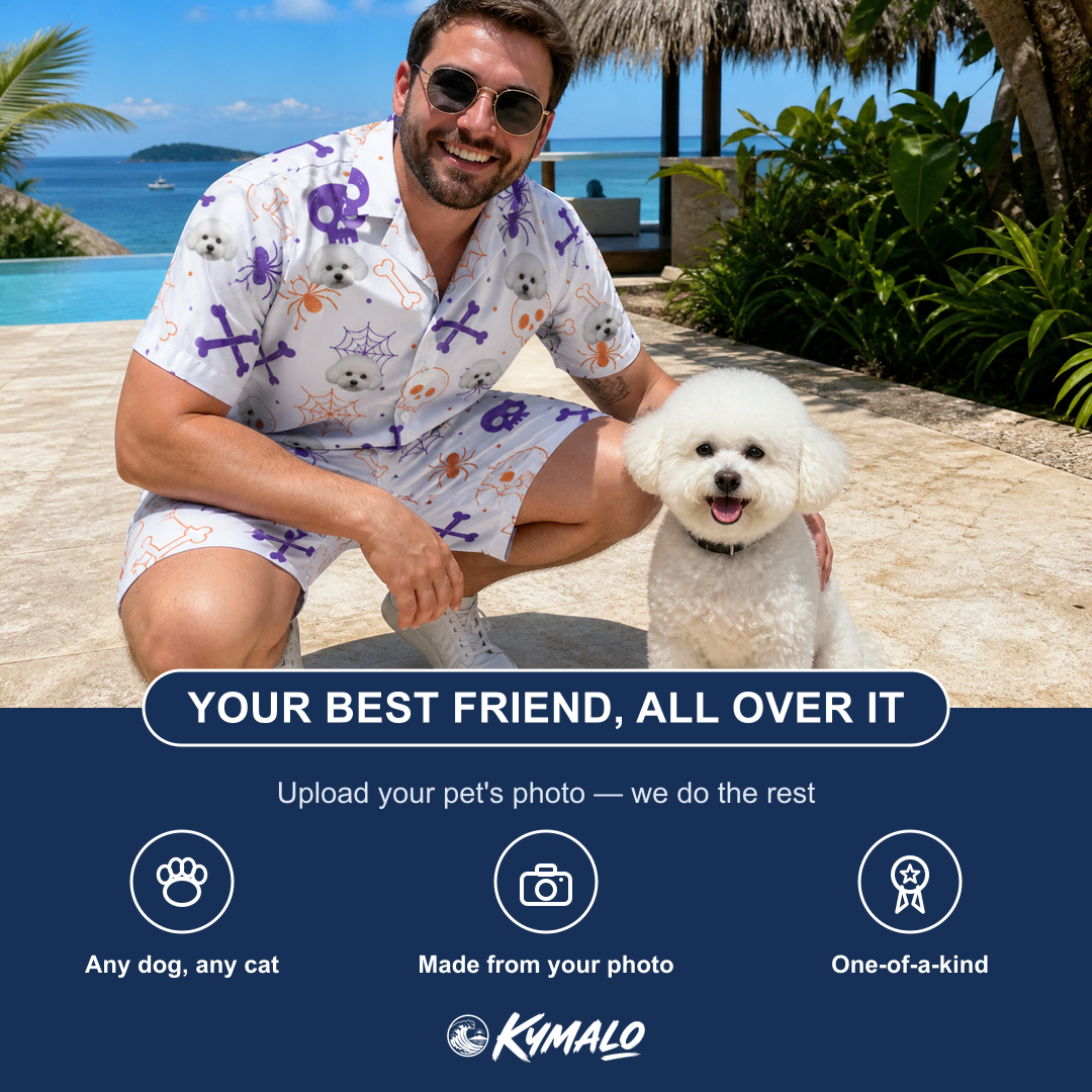 Friends in matching Men's Skull Shuffle Custom Dog Face Shirt & Shorts Set — a group gift photo