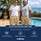 Friends in matching Men's Webbed Bones Custom Face Beach Shorts — a group gift photo