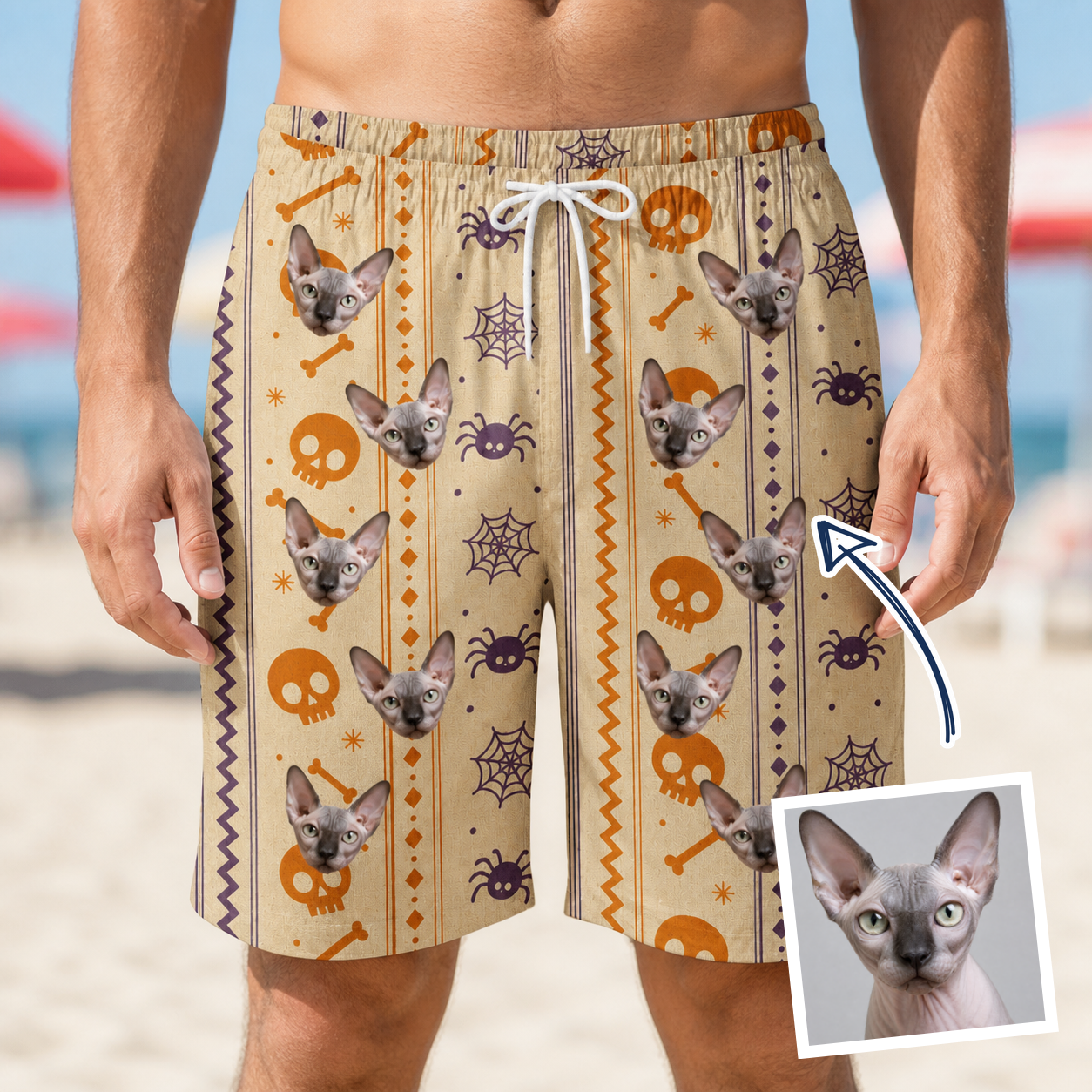 Man wearing Men's Webbed Bones Custom Cat Face Beach Shorts — custom faces printed all-over