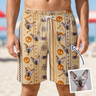 Man wearing Men's Webbed Bones Custom Cat Face Beach Shorts — custom faces printed all-over
