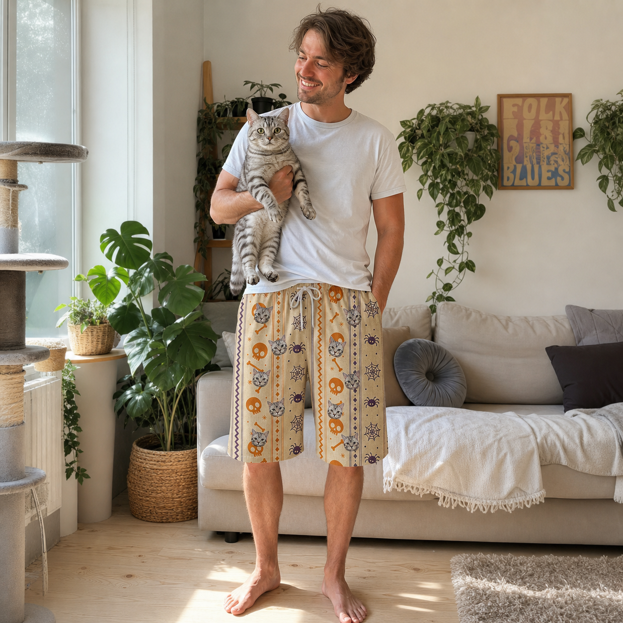 Full-length photo with the pet printed all over this Men's Webbed Bones Custom Cat Face Beach Shorts