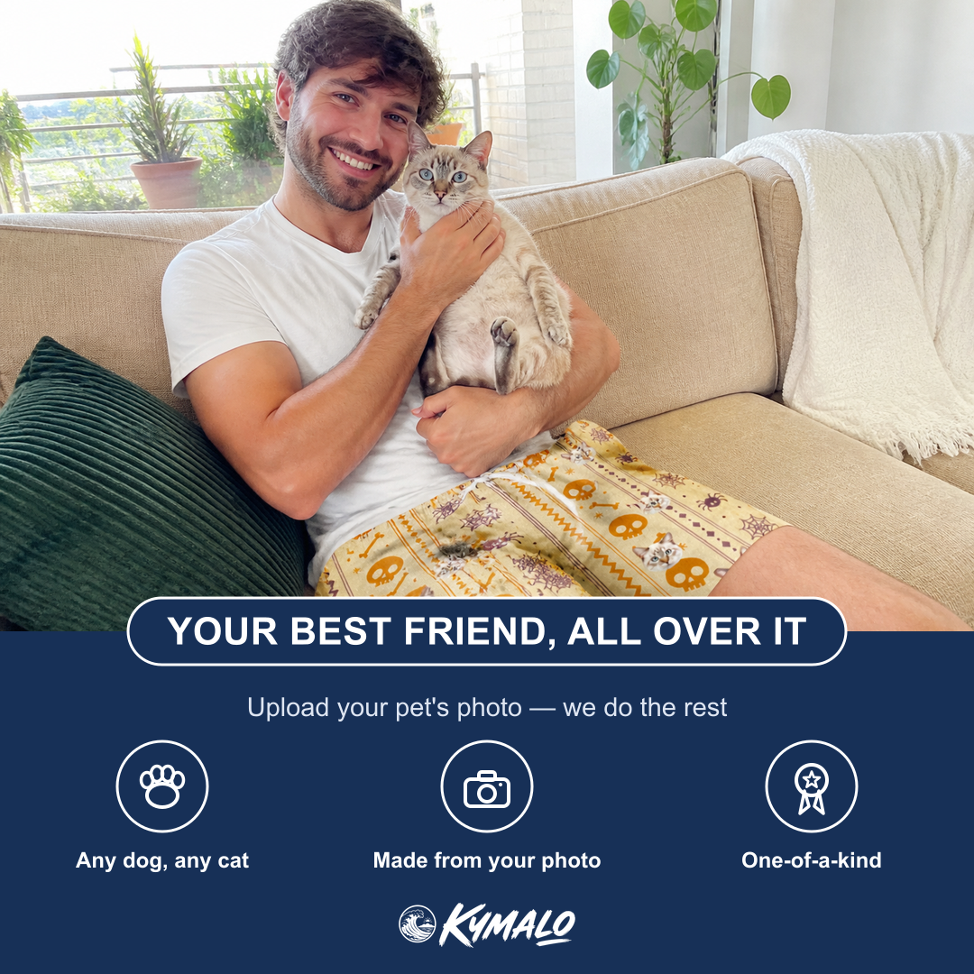 Friends in matching Men's Webbed Bones Custom Cat Face Beach Shorts — a group gift photo