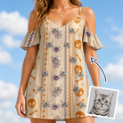 Woman wearing Women's Webbed Bones Custom Cat Face Off-Shoulder Dress — custom faces printed all-over