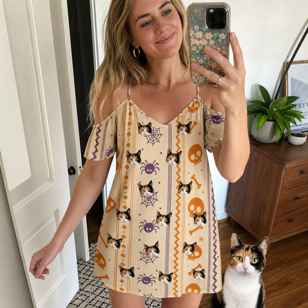 Selfie with the pet whose face is printed all over this Women's Webbed Bones Custom Cat Face Off-Shoulder Dress