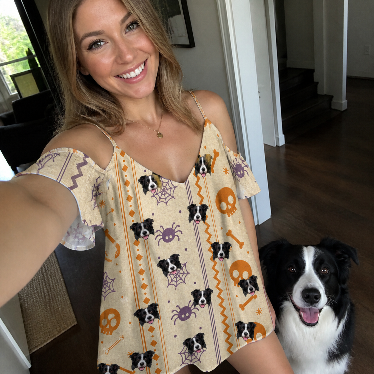 Selfie with the pet whose face is printed all over this Women's Webbed Bones Custom Dog Face Off-Shoulder Dress