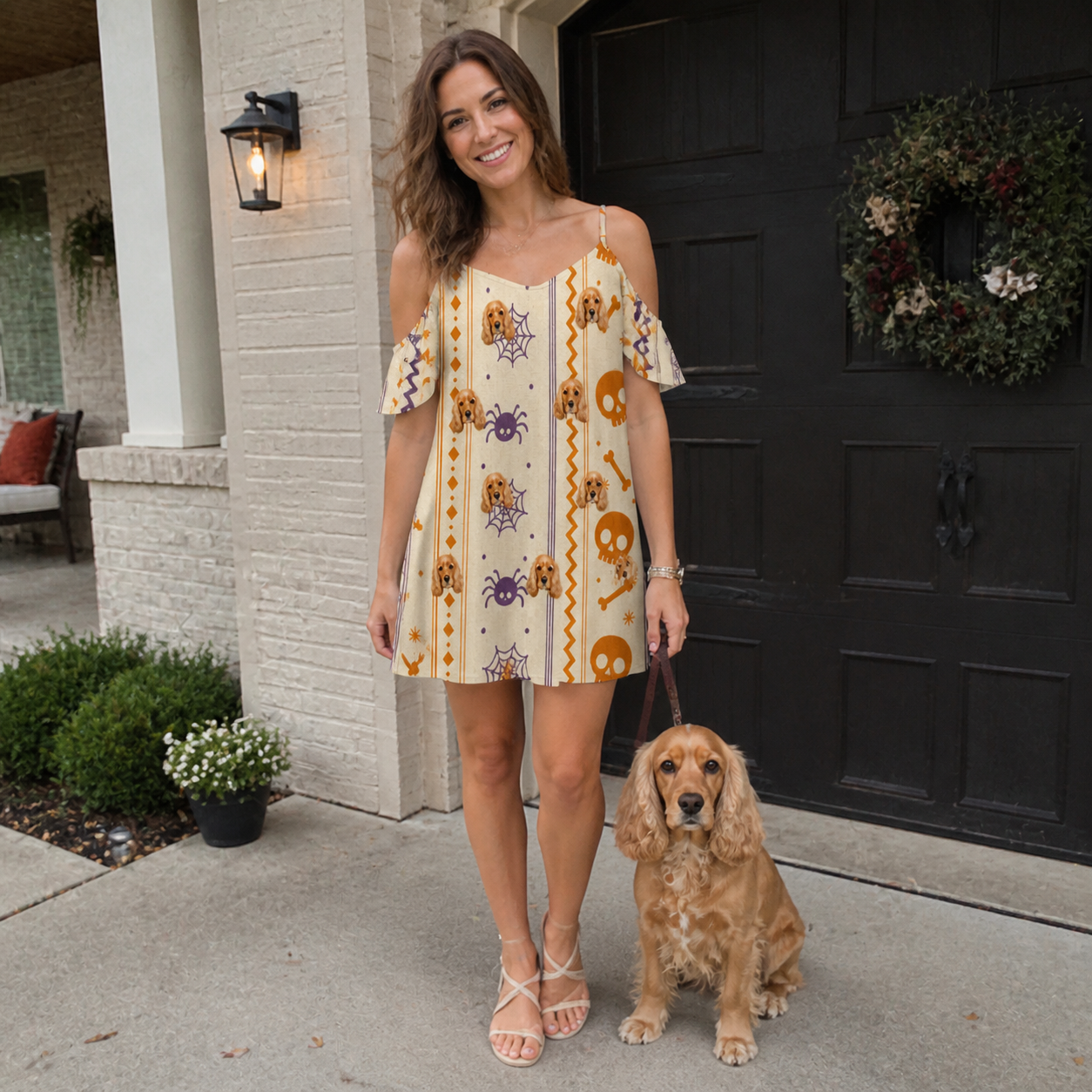 Full-length photo with the pet printed all over this Women's Webbed Bones Custom Dog Face Off-Shoulder Dress