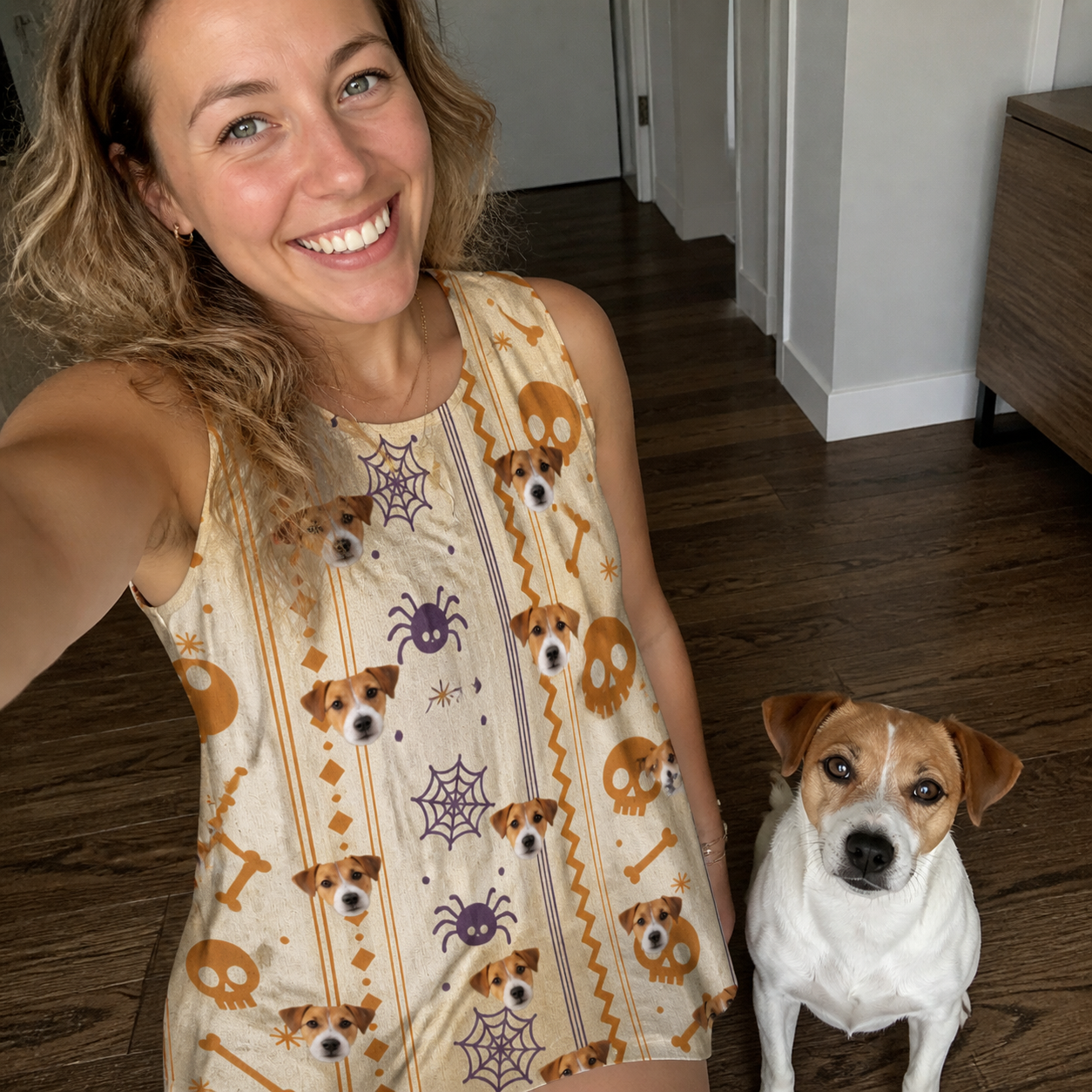 Selfie with the pet whose face is printed all over this Women's Webbed Bones Custom Dog Face Tank Dress