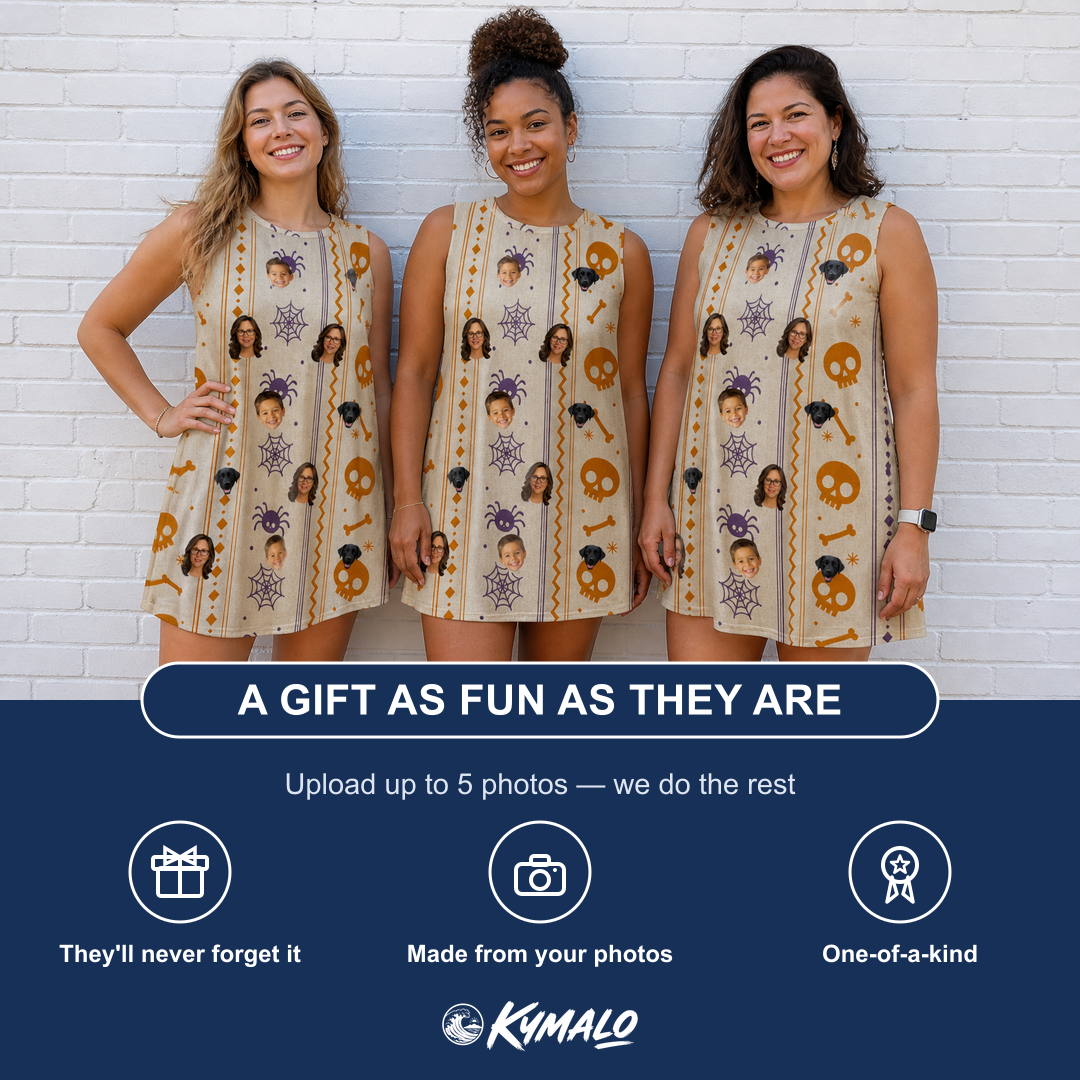 Friends in matching Women's Webbed Bones Custom Face Tank Dress — a group gift photo