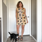 Full-length photo with the pet printed all over this Women's Webbed Bones Custom Cat Face V-Neck Dress