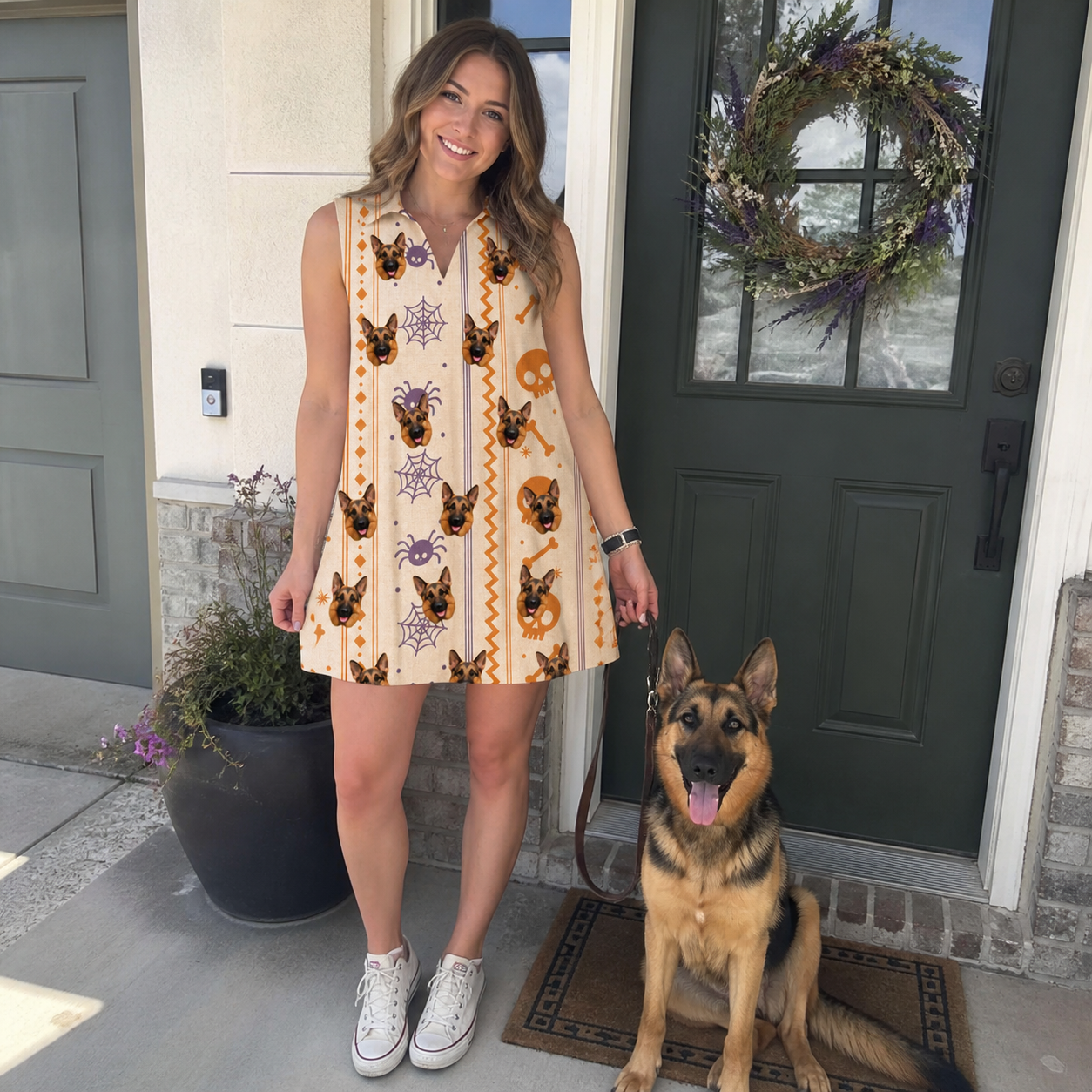 Full-length photo with the pet printed all over this Women's Webbed Bones Custom Dog Face V-Neck Dress