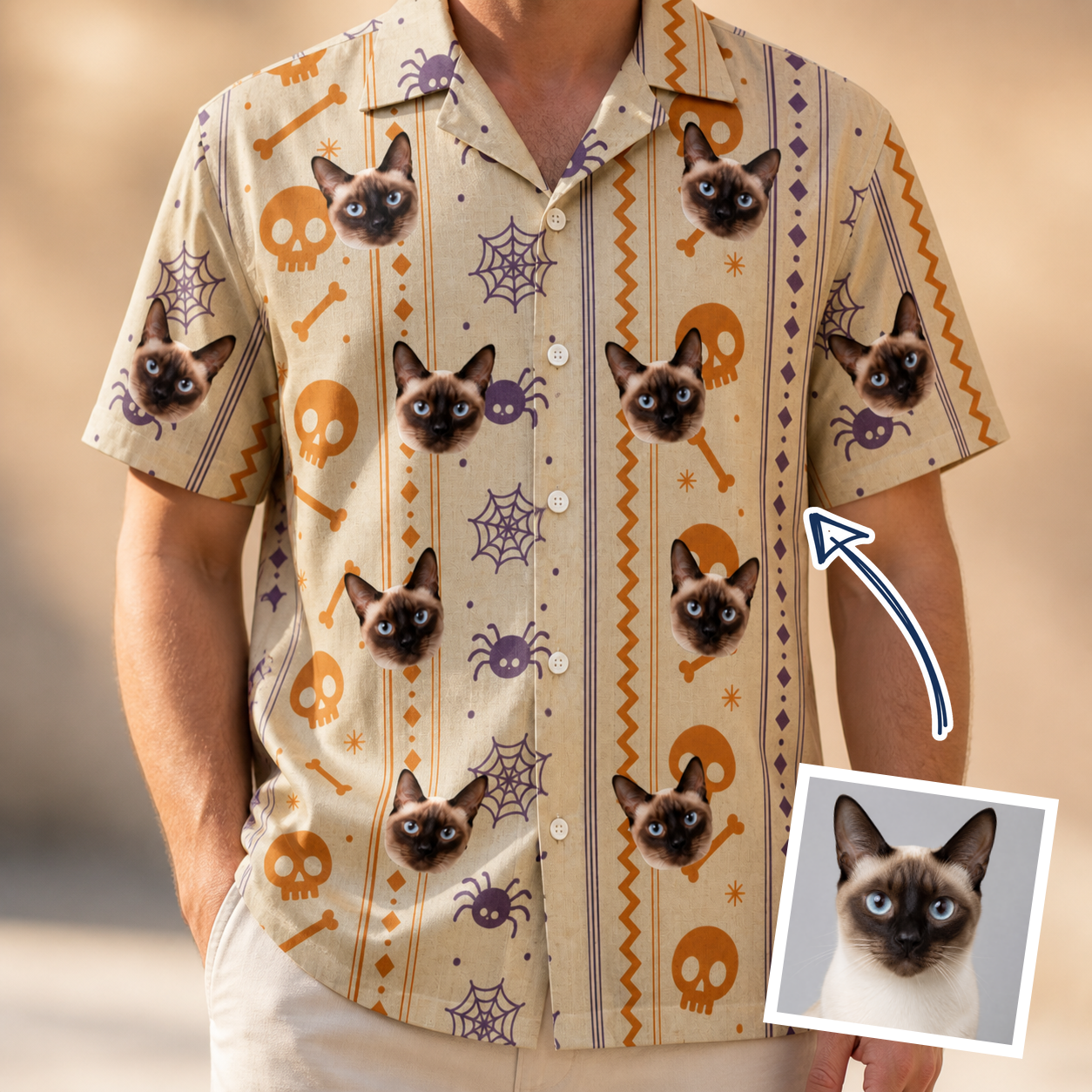 Man wearing Men's Webbed Bones Custom Cat Face Hawaiian Shirt — custom faces printed all-over