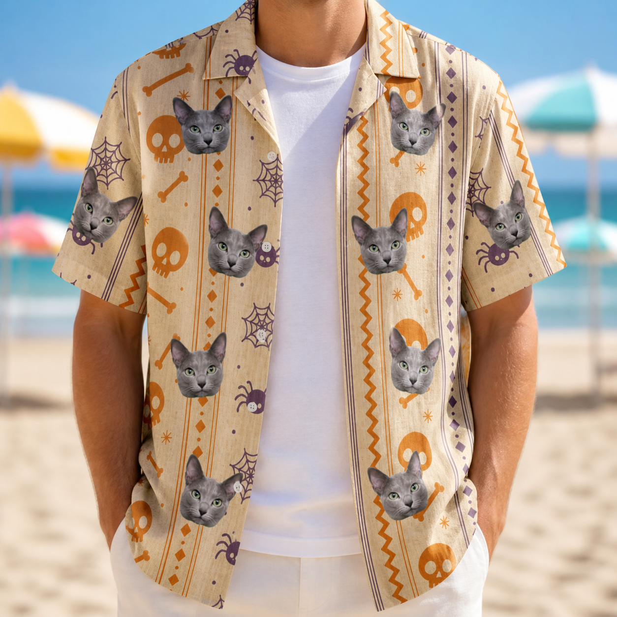 Man wearing Men's Webbed Bones Custom Cat Face Hawaiian Shirt open over a white tee