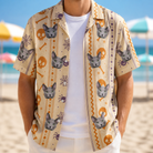 Man wearing Men's Webbed Bones Custom Cat Face Hawaiian Shirt open over a white tee
