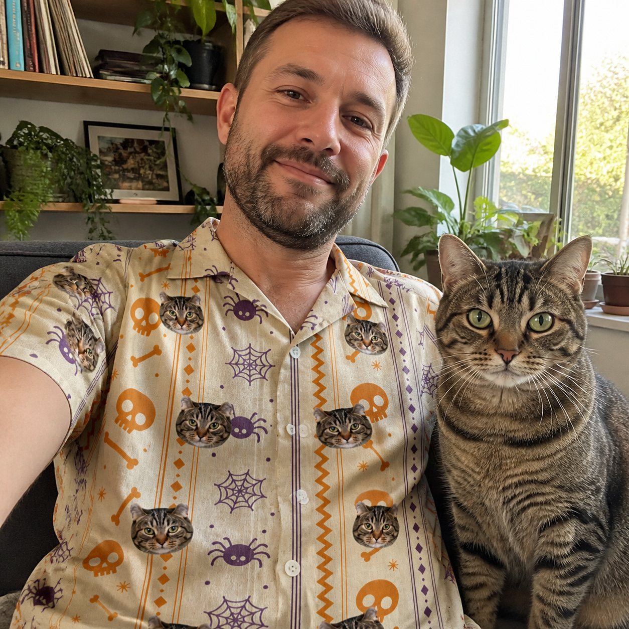 Selfie with the pet whose face is printed all over this Men's Webbed Bones Custom Cat Face Hawaiian Shirt