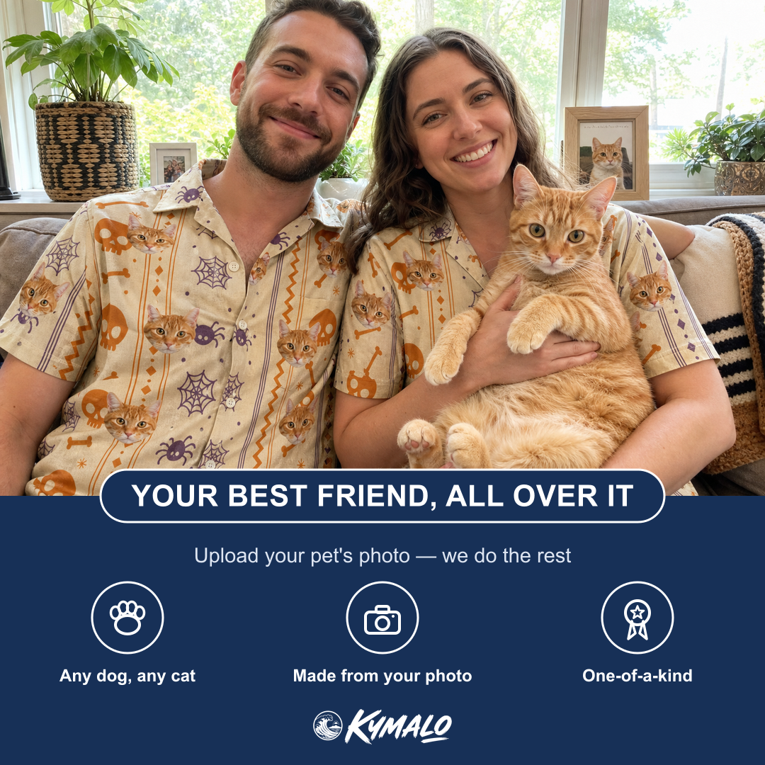 Friends in matching Men's Webbed Bones Custom Cat Face Hawaiian Shirt — a group gift photo