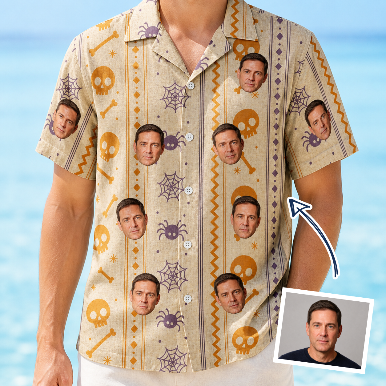 Man wearing Men's Webbed Bones Custom Face Hawaiian Shirt — custom faces printed all-over