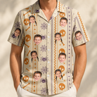 Model wearing Men's Webbed Bones Custom Face Hawaiian Shirt printed with kids' faces