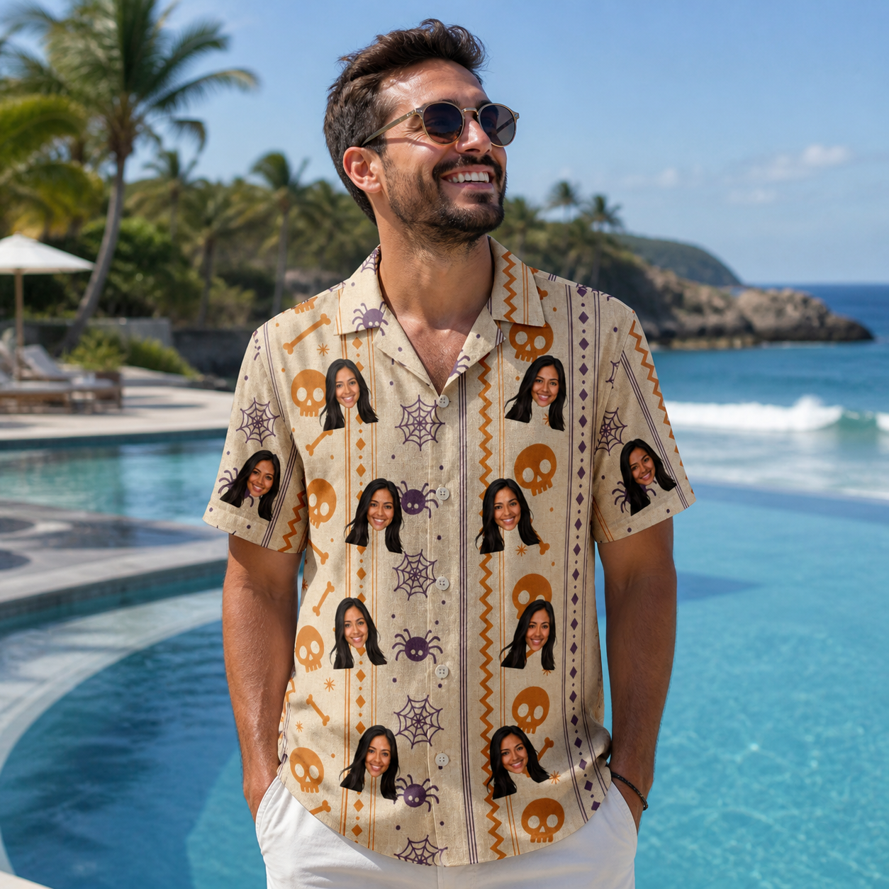Real-life photo of someone wearing Men's Webbed Bones Custom Face Hawaiian Shirt — custom faces printed all-over