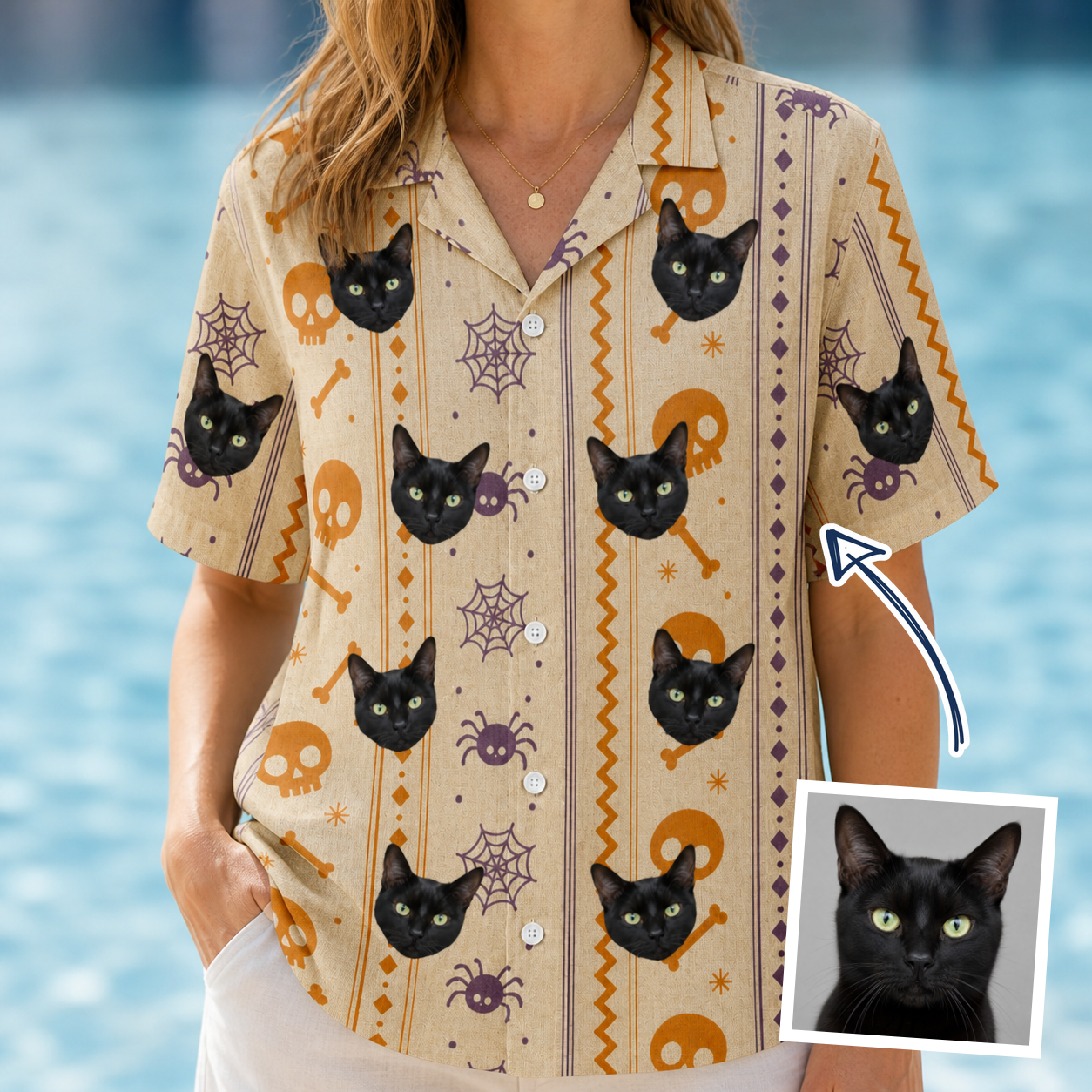 Woman wearing Women's Webbed Bones Custom Cat Face Hawaiian Shirt — custom faces printed all-over