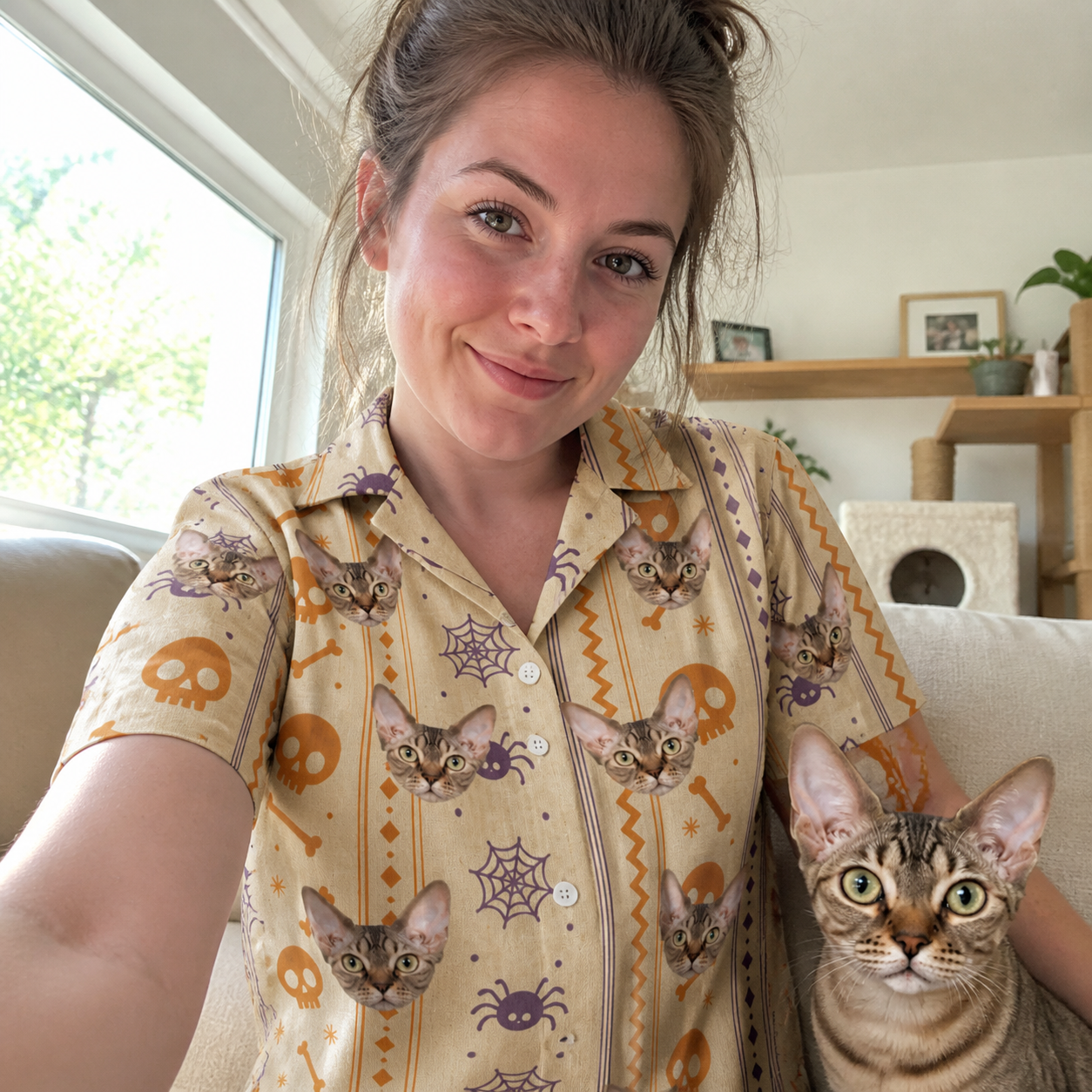 Selfie with the pet whose face is printed all over this Women's Webbed Bones Custom Cat Face Hawaiian Shirt