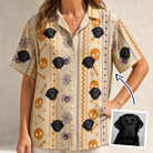 Woman wearing Women's Webbed Bones Custom Dog Face Hawaiian Shirt — custom faces printed all-over