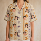 Model wearing Women's Webbed Bones Custom Face Hawaiian Shirt printed with kids' faces