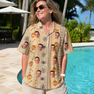Real-life photo of someone wearing Women's Webbed Bones Custom Face Hawaiian Shirt — custom faces printed all-over