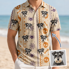 Man wearing Men's Webbed Bones Custom Dog Face Polo Shirt — custom faces printed all-over