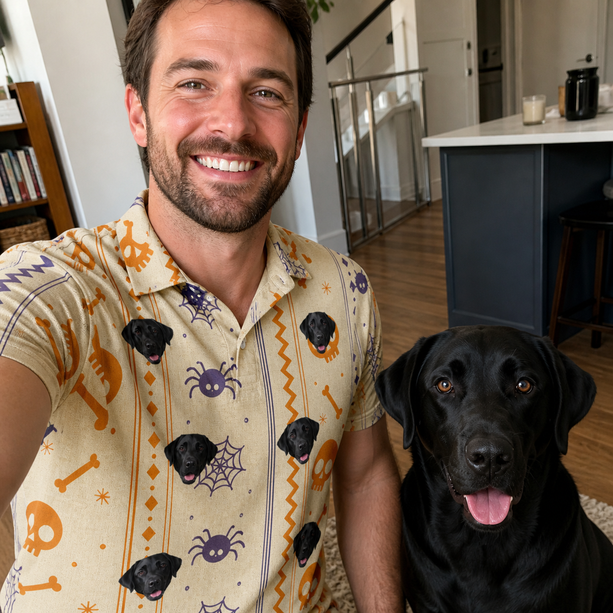 Selfie with the pet whose face is printed all over this Men's Webbed Bones Custom Dog Face Polo Shirt