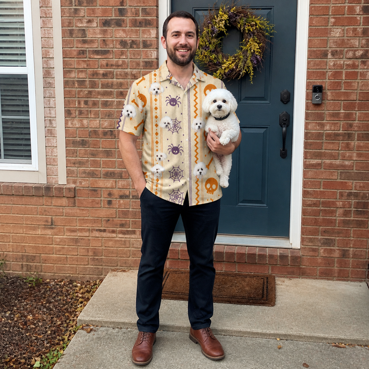 Full-length photo with the pet printed all over this Men's Webbed Bones Custom Dog Face Polo Shirt