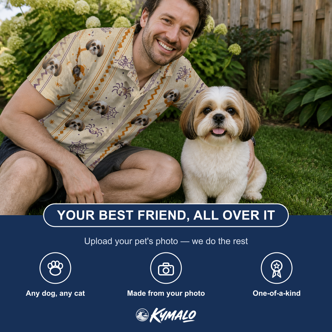 Friends in matching Men's Webbed Bones Custom Dog Face Polo Shirt — a group gift photo